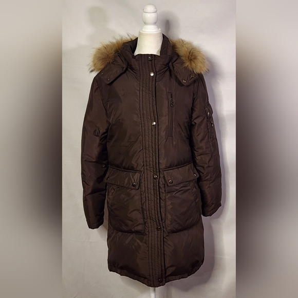DKNY Down Puffer Trench Parka Trench Fur Trim Brown Womens Size XSmall Winter - Picture 13 of 16